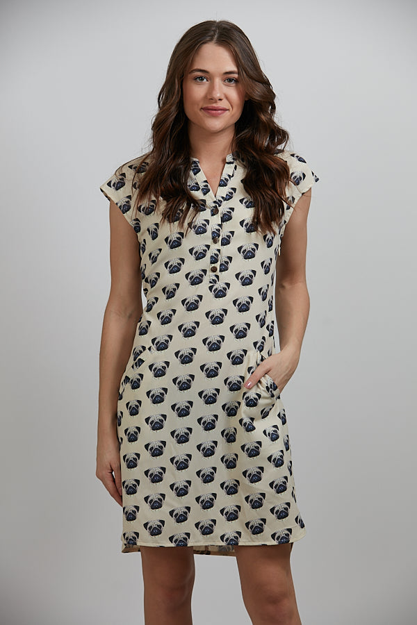 Pug Face Print Cream Shift Dress