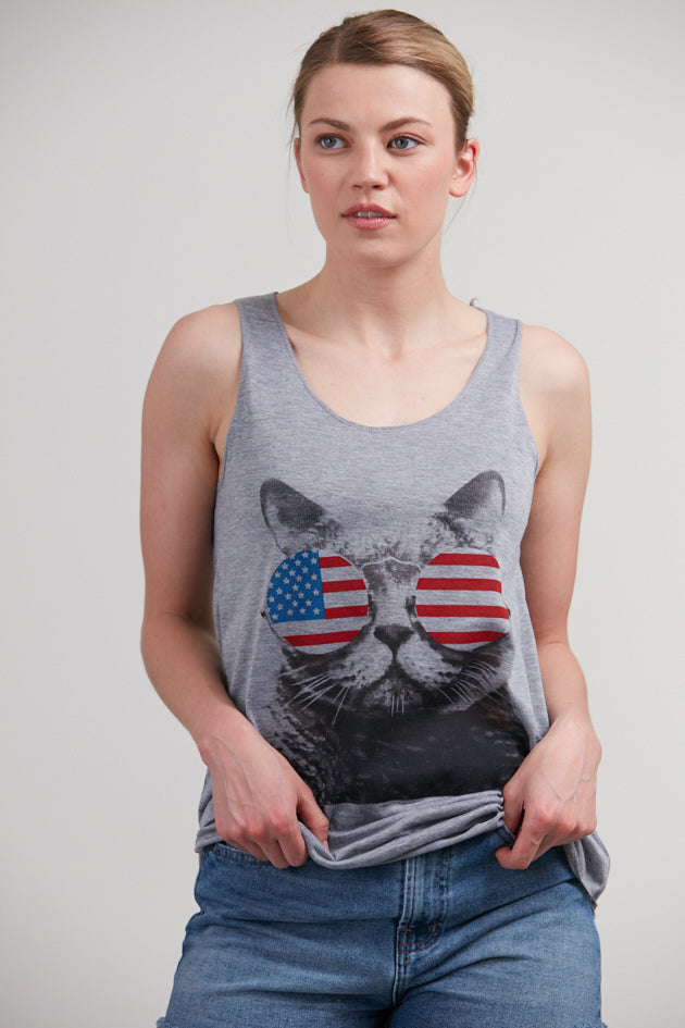 Cat with American Flag Shades Print Relaxed Fit Tank Top