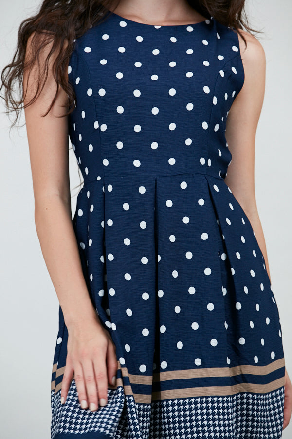 Polka Dot Print Fit & Flare Navy Blue Dress