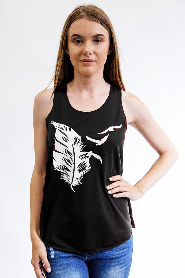 Birds and Feather Print Relaxed Fit Tank Top