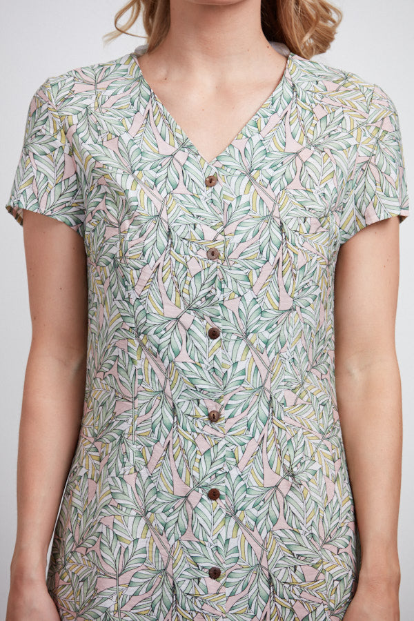 Tropical Leaf Print V-Neck Button Front Dress