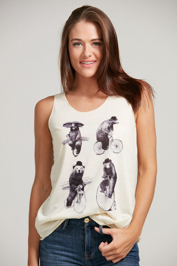 Bears Riding Bicycles Print Relaxed Fit Tank Top