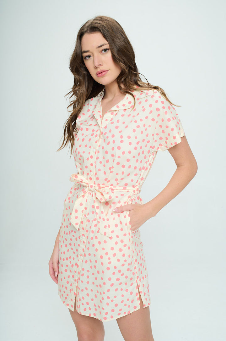 Polka Dot Pink All Over Print Button Front Shirt Dress