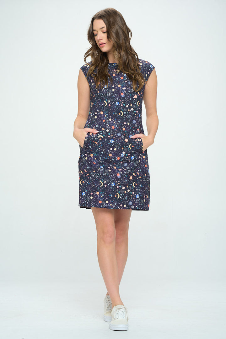 Planets All Over Print Shift Navy Dress