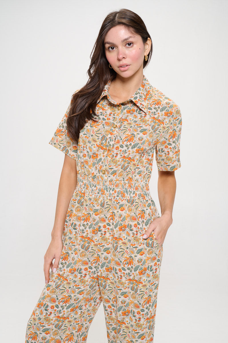 Orange Leaf Floral Print Jumpsuit