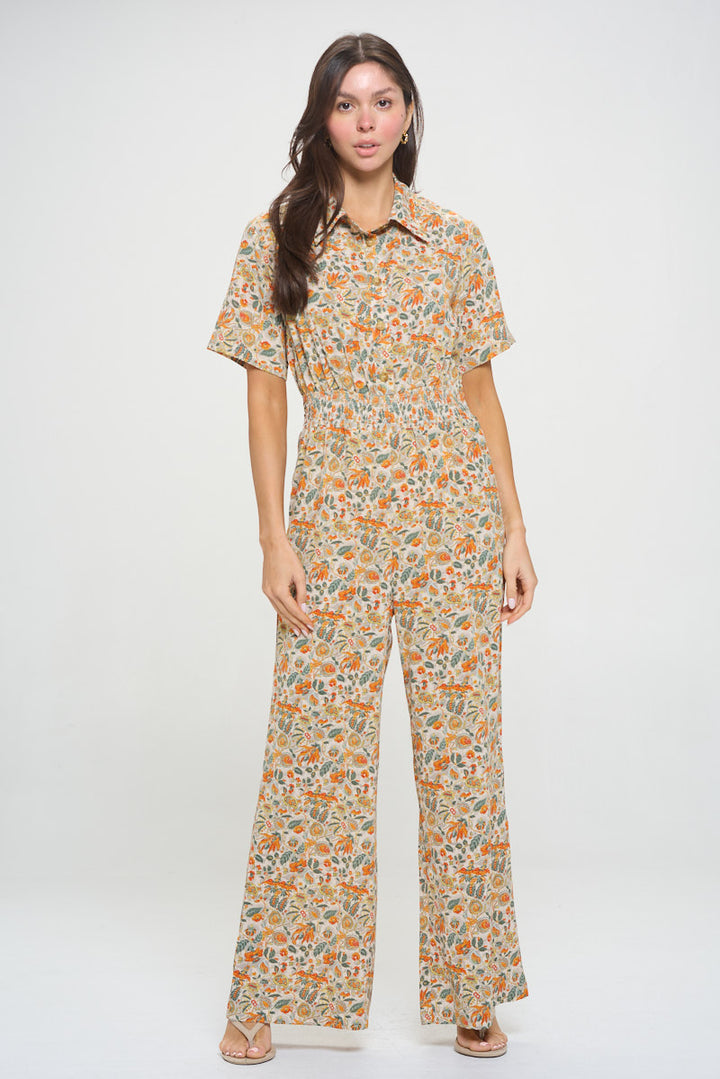 Orange Leaf Floral Print Jumpsuit