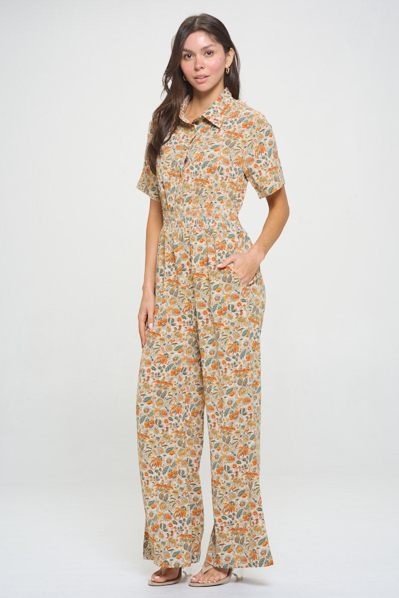 Orange Leaf Floral Print Jumpsuit