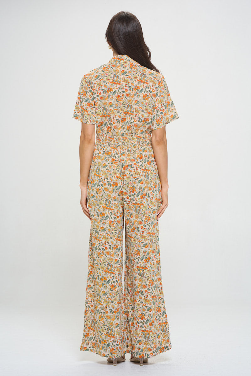 Orange Leaf Floral Print Jumpsuit