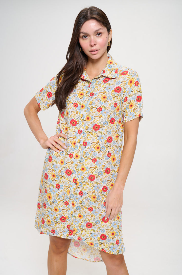 Spring Daffodils Print Button Front Shirt Dress