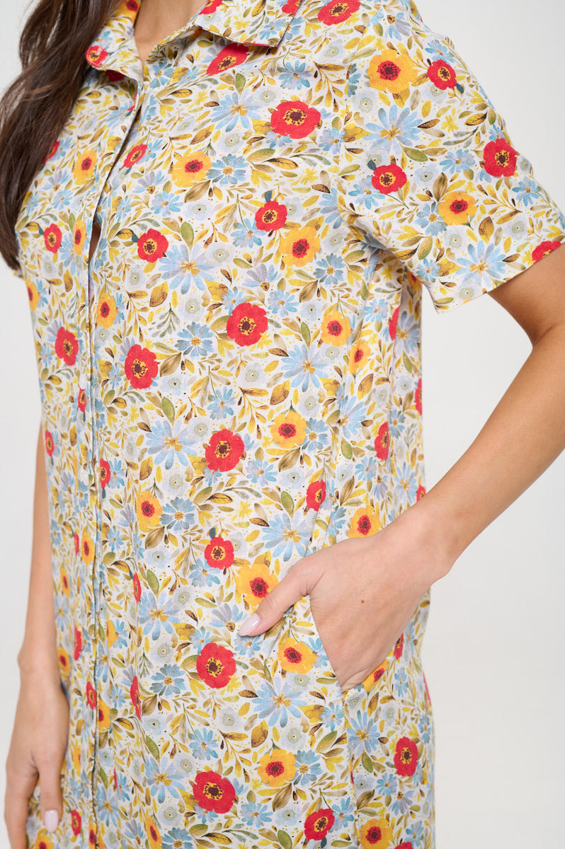 Spring Daffodils Print Button Front Shirt Dress