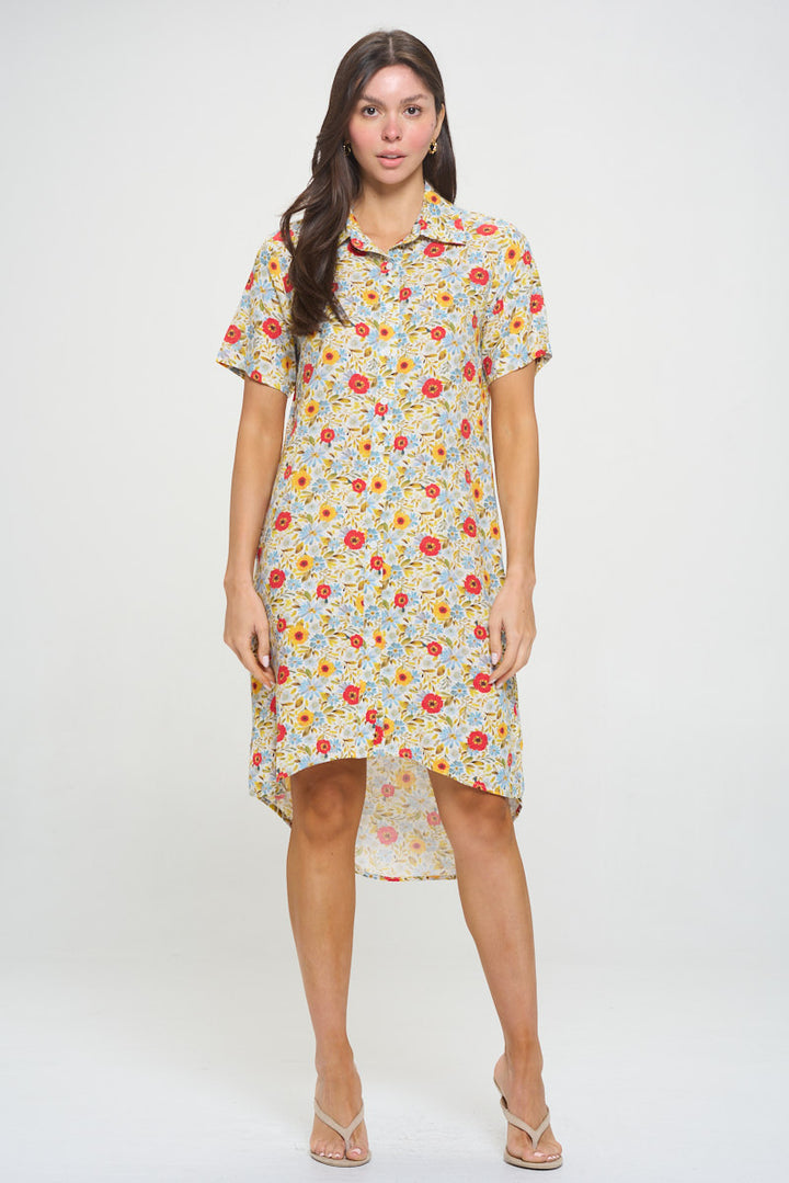 Spring Daffodils Print Button Front Shirt Dress