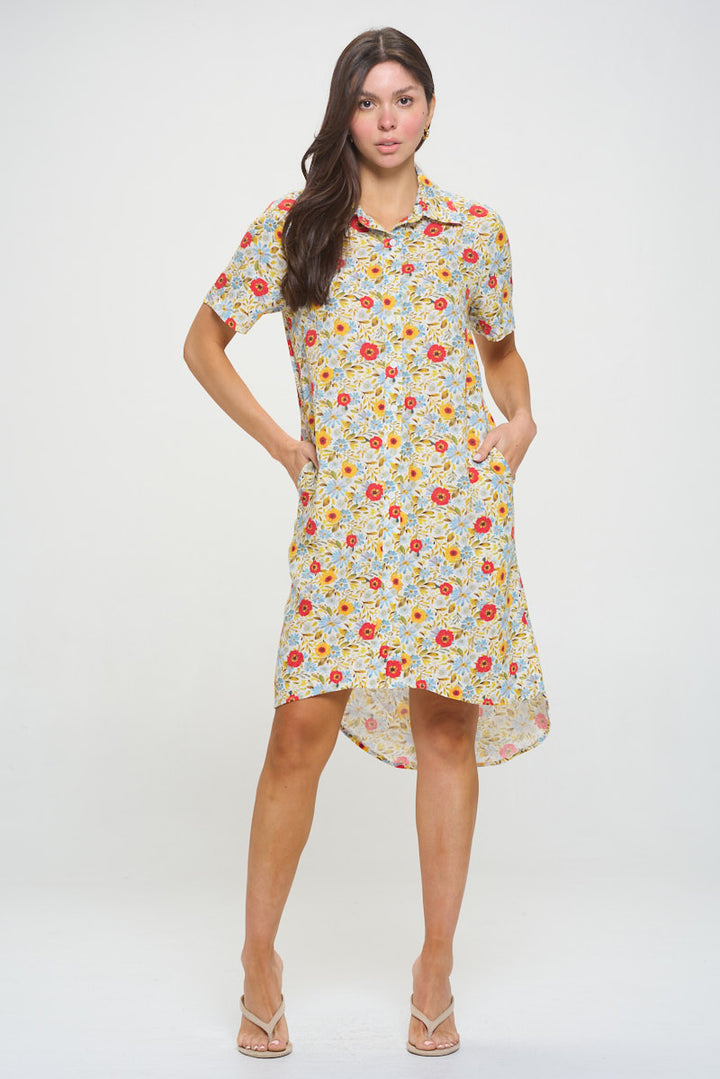 Spring Daffodils Print Button Front Shirt Dress