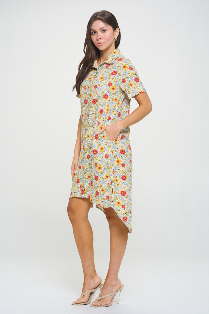 Spring Daffodils Print Button Front Shirt Dress