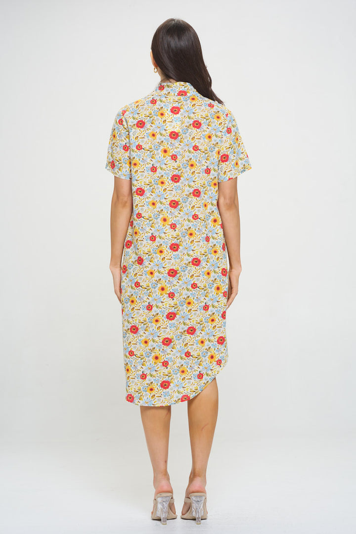 Spring Daffodils Print Button Front Shirt Dress