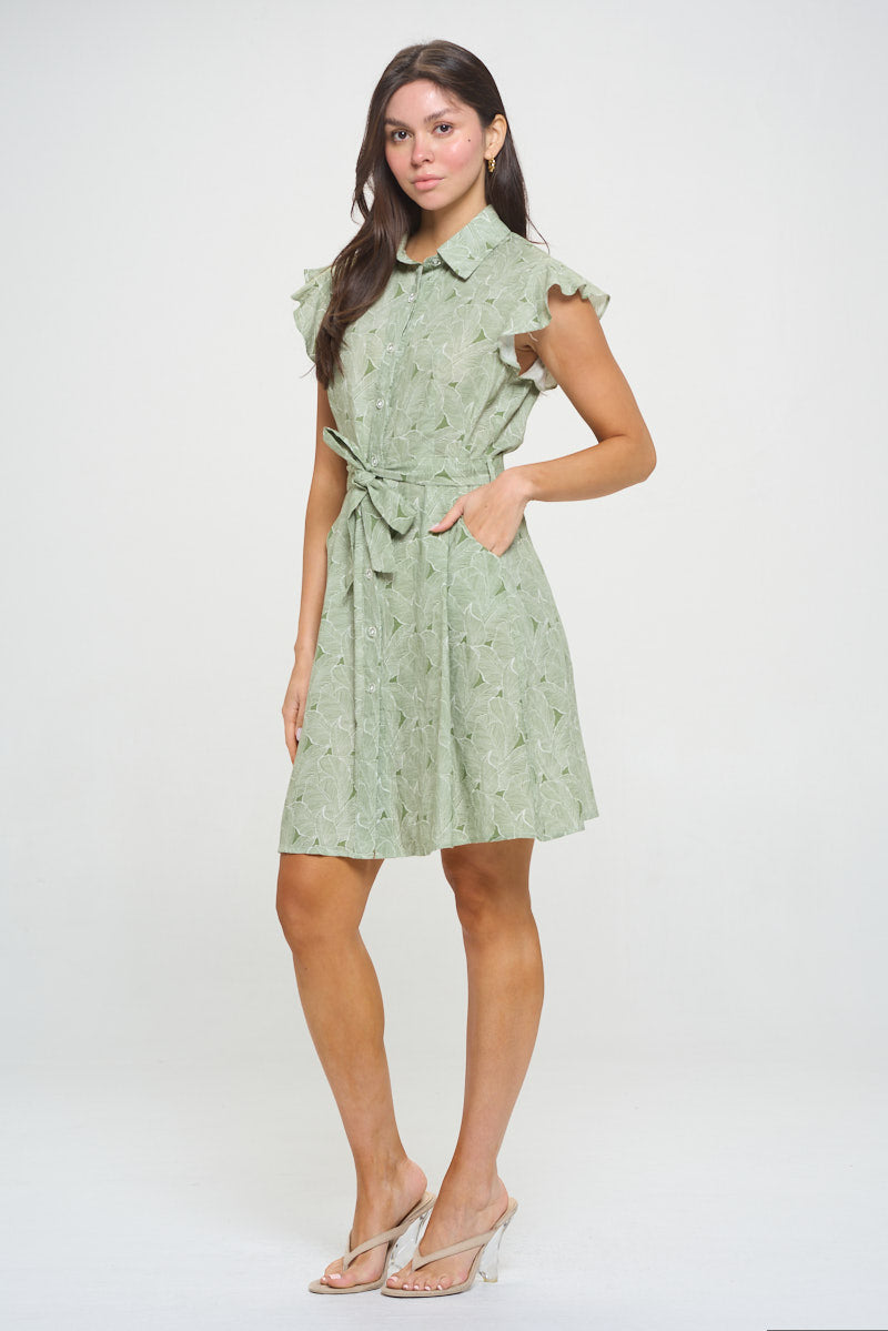 Tropical Leaves Print Button Front Shirt Dress