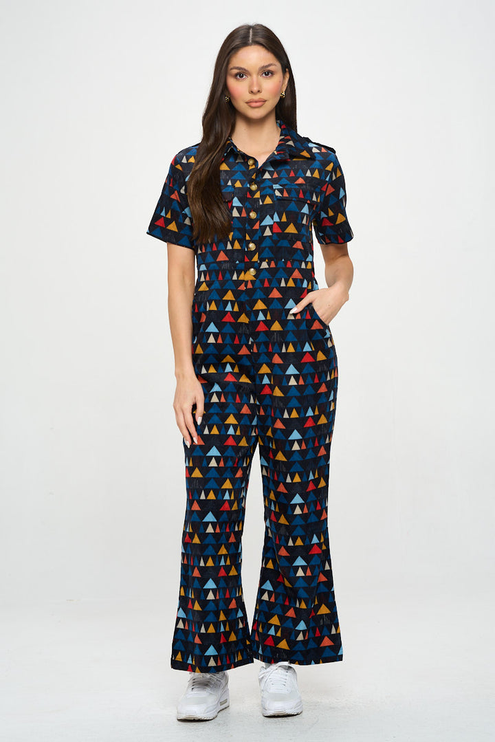 Triangle Print Corduroy Overall Jumpsuit