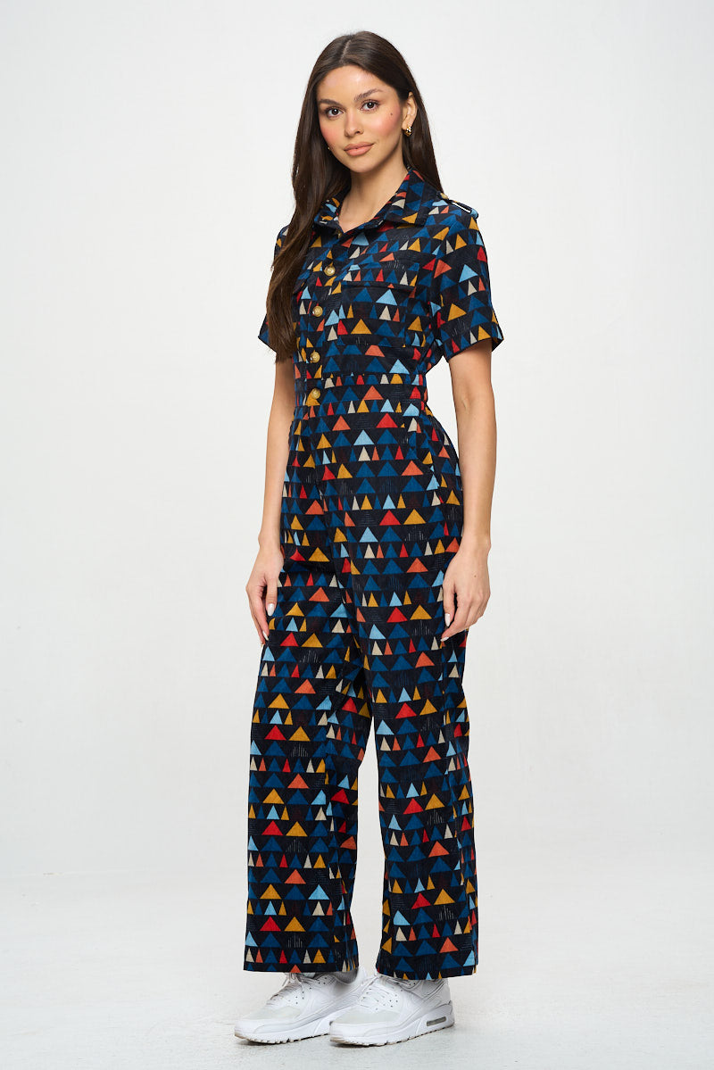 Triangle Print Corduroy Overall Jumpsuit