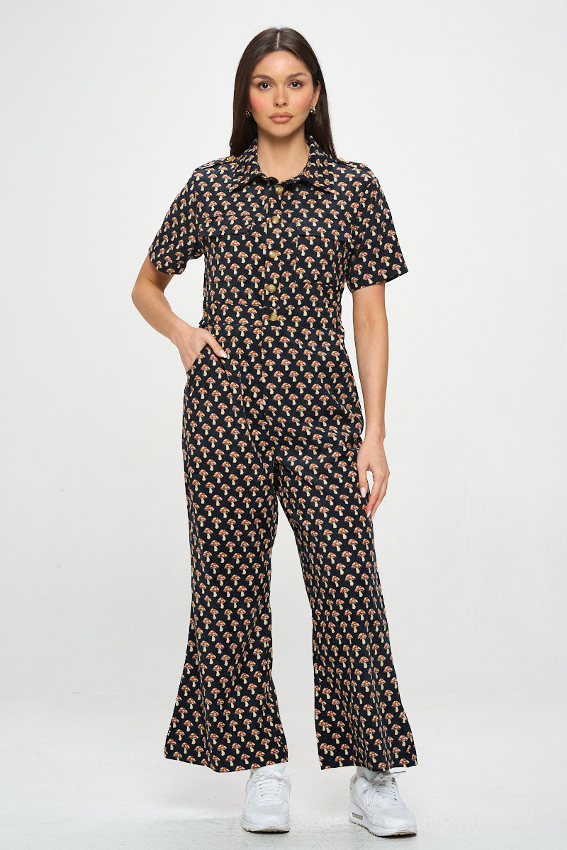 Mushroom Print Corduroy Overall Jumpsuit