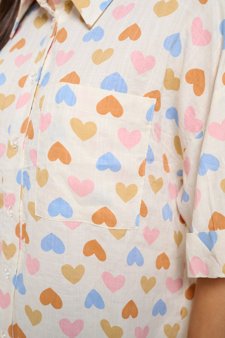 Colorful Heart Print Cotton Short Sleeve Shirt