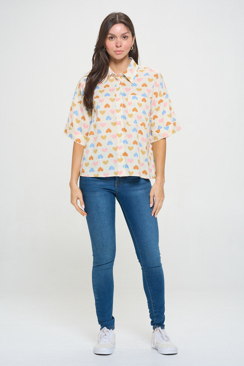 Colorful Heart Print Cotton Short Sleeve Shirt