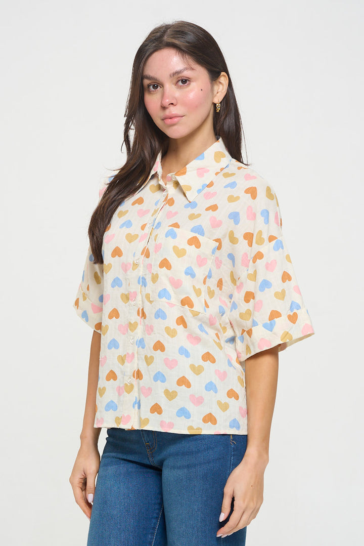 Colorful Heart Print Cotton Short Sleeve Shirt