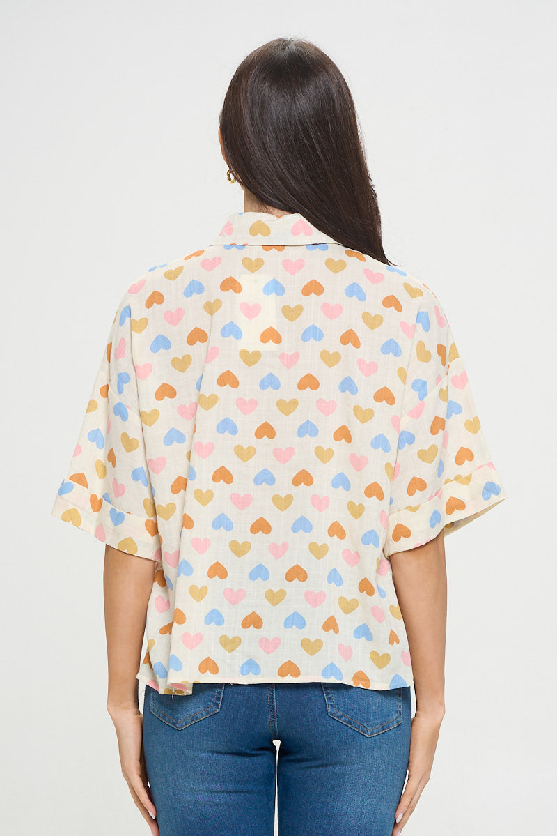 Colorful Heart Print Cotton Short Sleeve Shirt