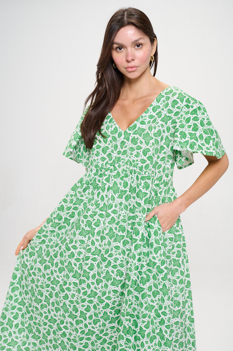 Mint Leaves Print Midi Dress