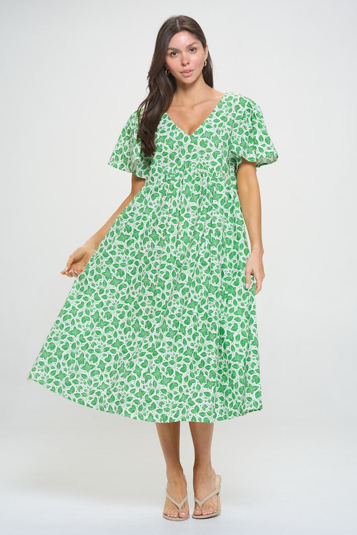 Mint Leaves Print Midi Dress