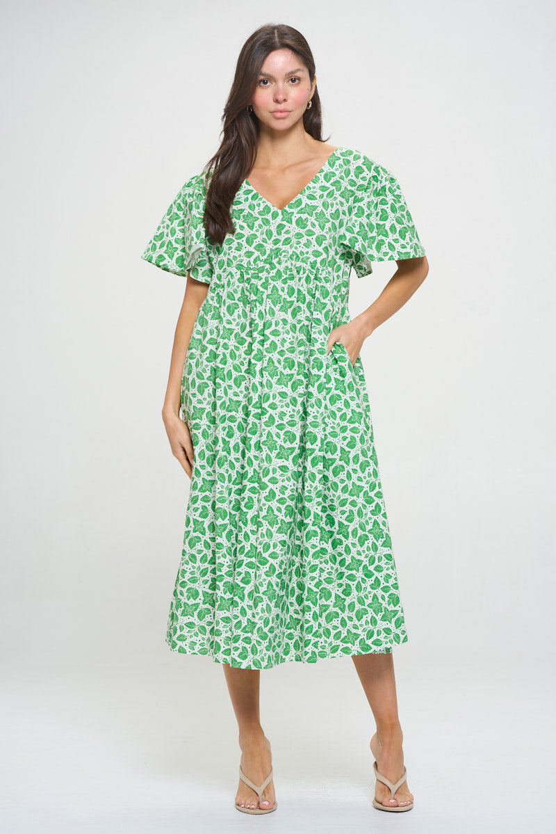 Mint Leaves Print Midi Dress