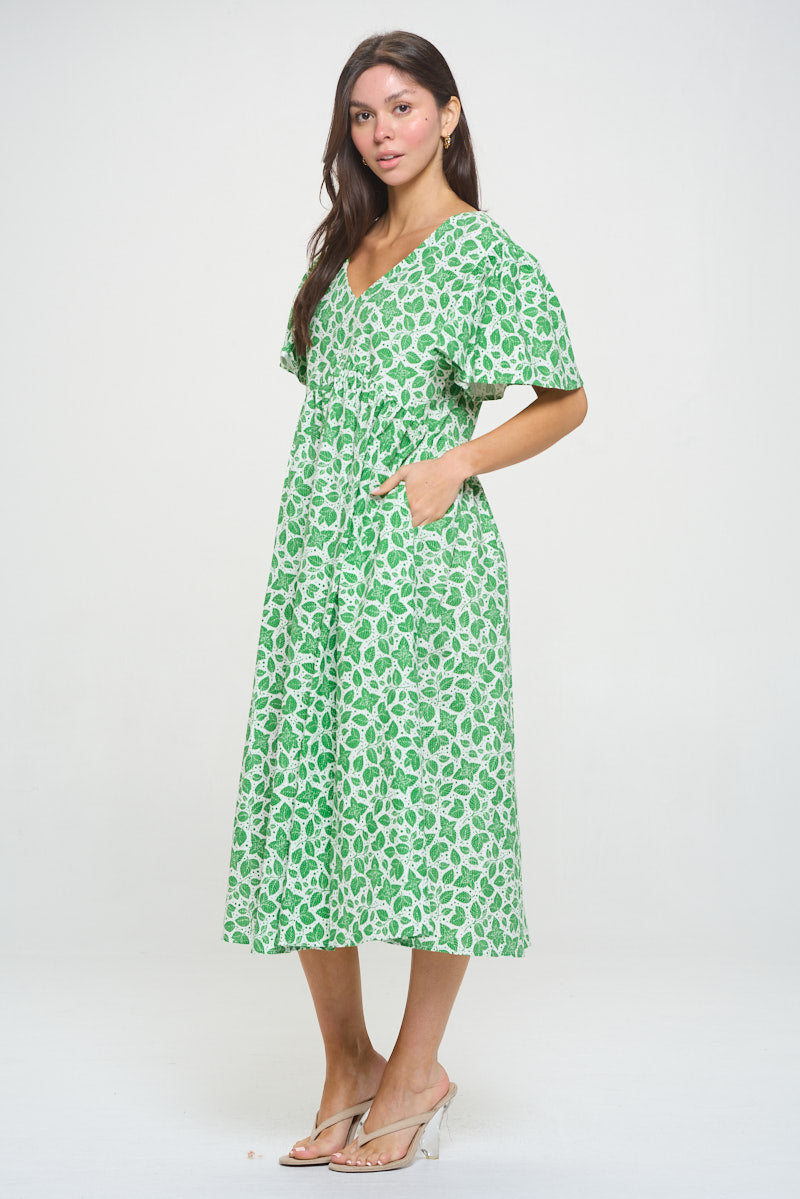 Mint Leaves Print Midi Dress