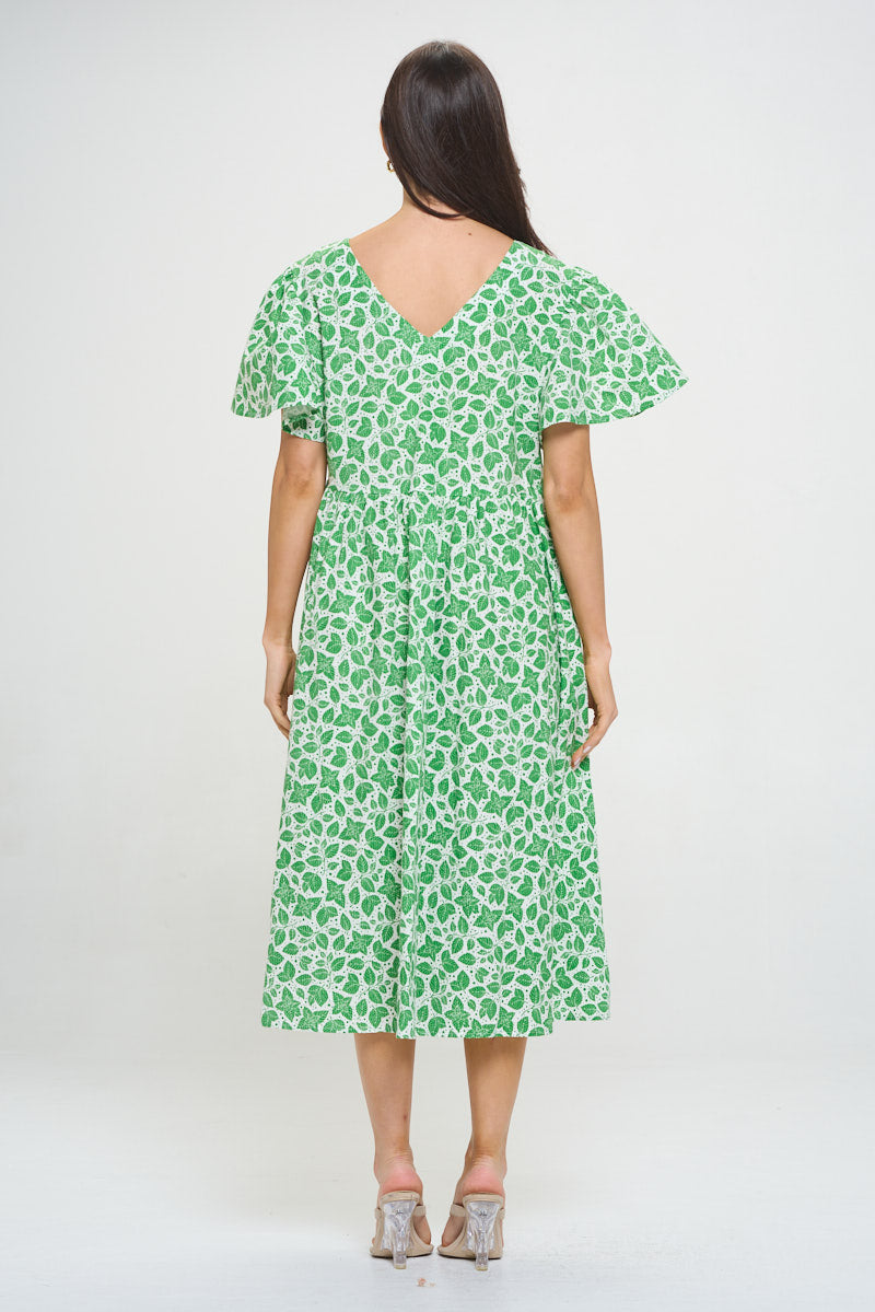 Mint Leaves Print Midi Dress