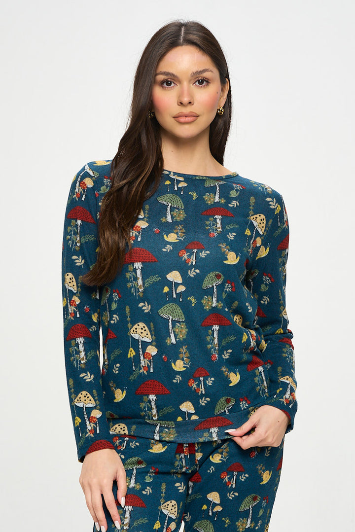 Mushroom Floral and Bug Long Sleeve Crew Neck Top