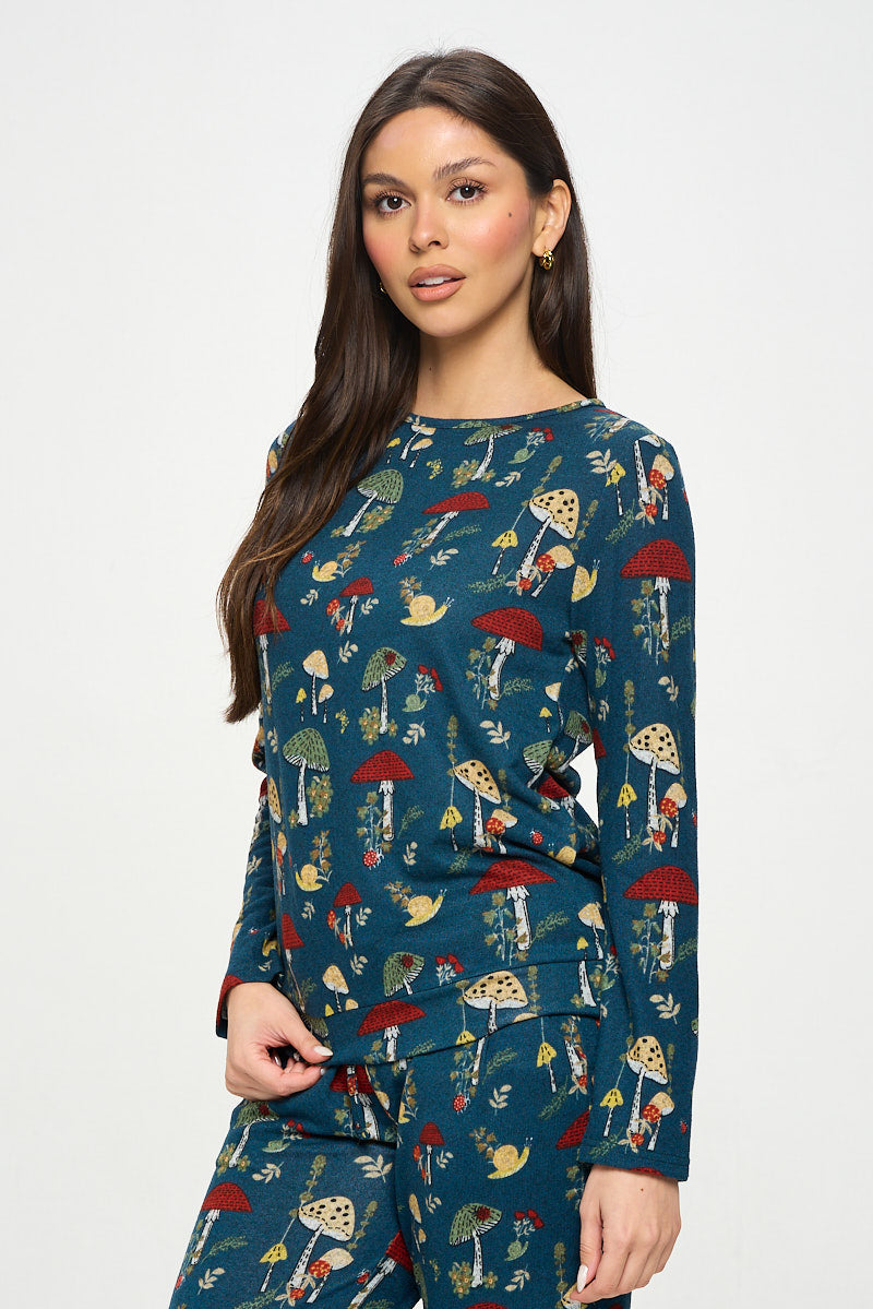 Mushroom Floral and Bug Long Sleeve Crew Neck Top