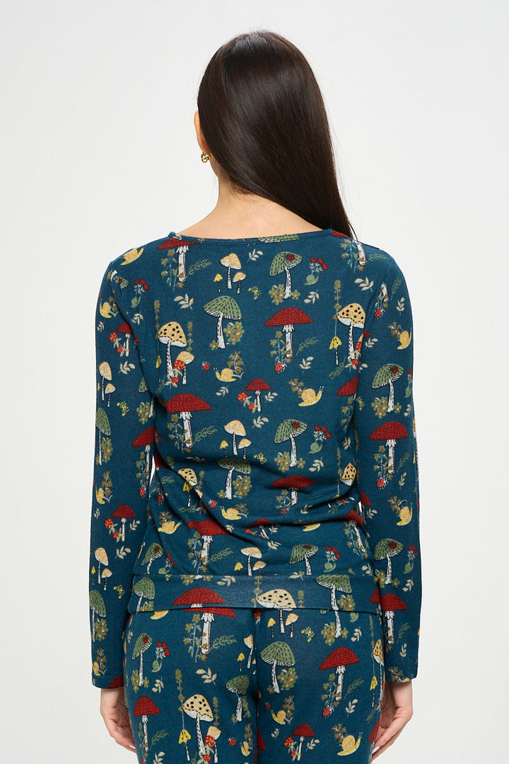 Mushroom Floral and Bug Long Sleeve Crew Neck Top