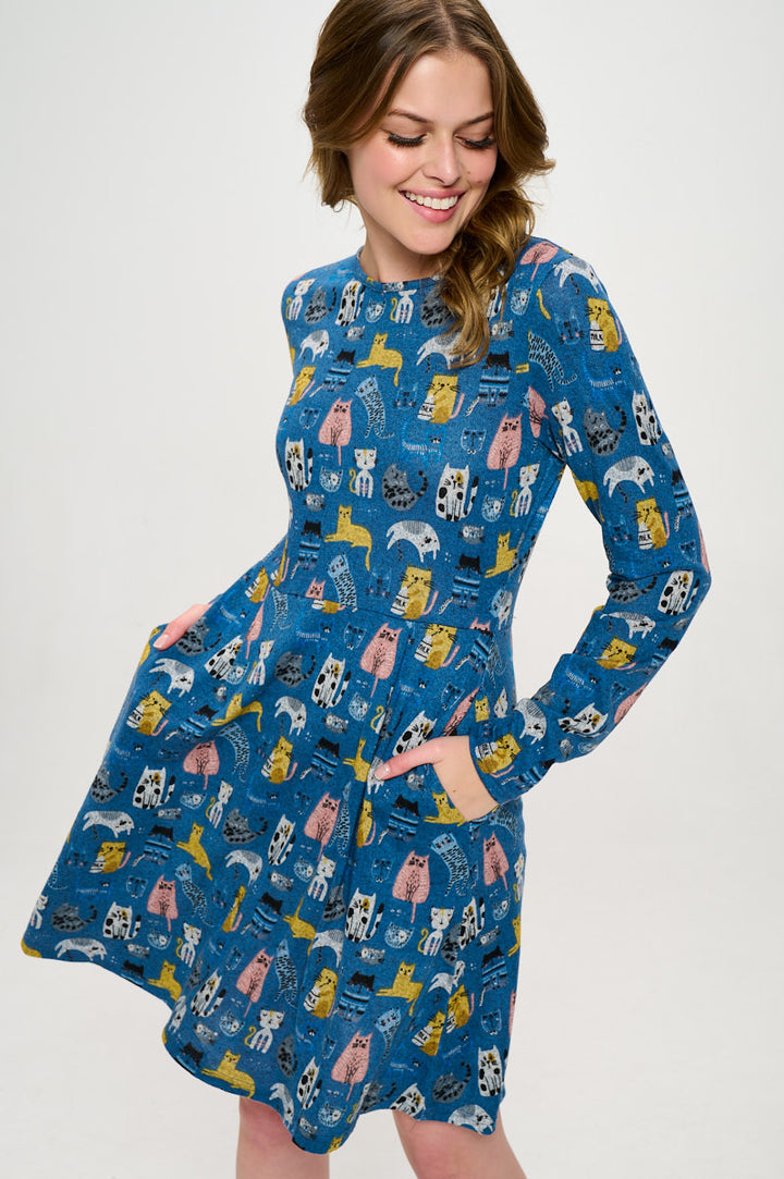 Colorful Cat Print Tunic Style Long Sleeve Dress