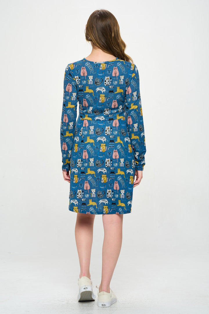 Colorful Cat Print Tunic Style Long Sleeve Dress