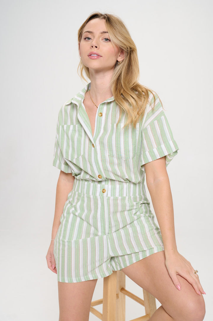 Green Stripe Button Up Shortall