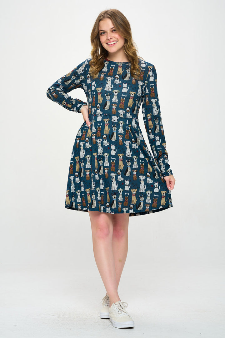 Multi Dog Print Tunic Style Long Sleeve Dress