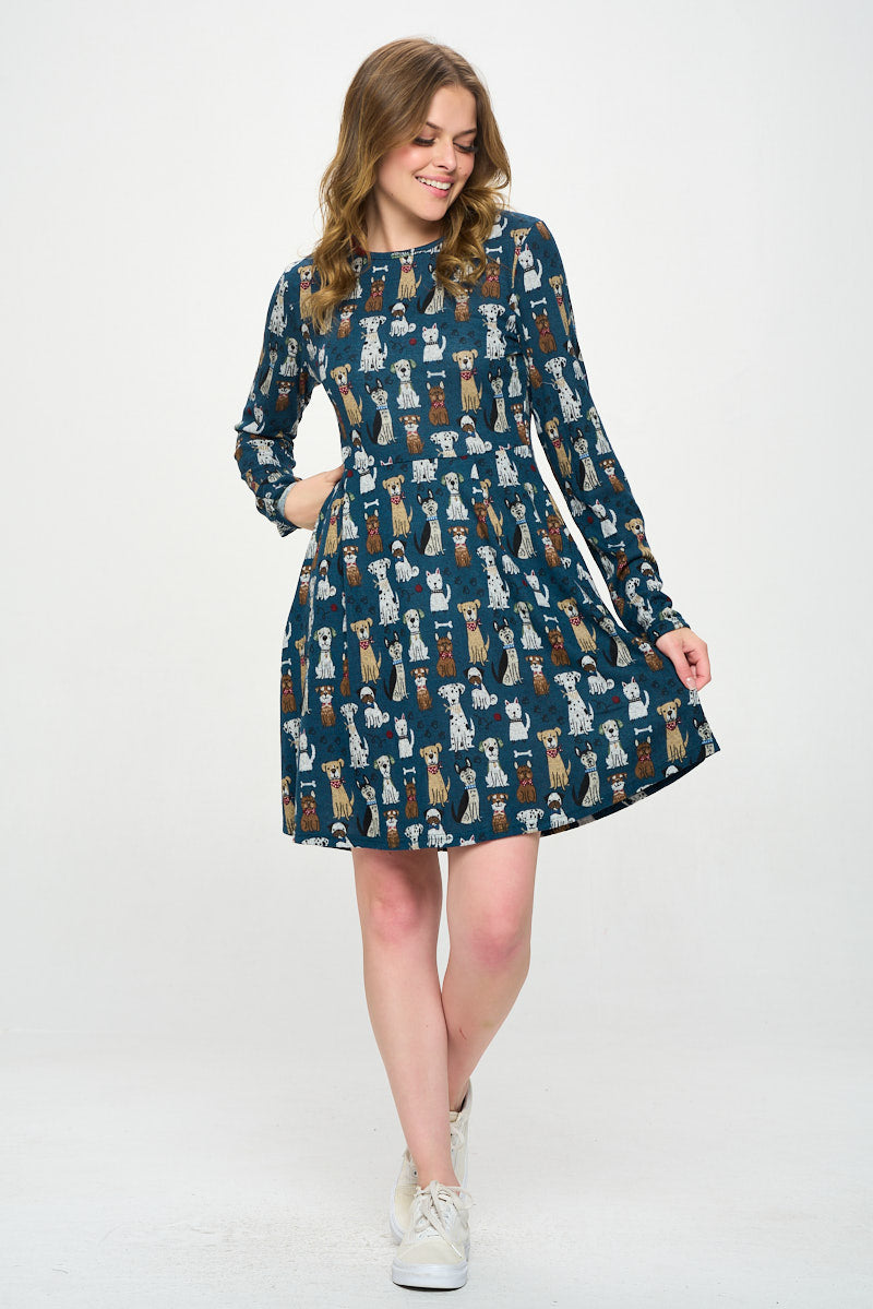 Multi Dog Print Tunic Style Long Sleeve Dress