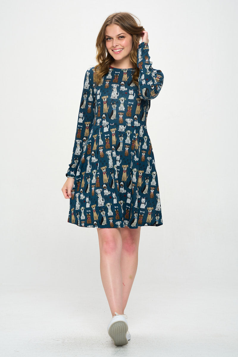 Multi Dog Print Tunic Style Long Sleeve Dress