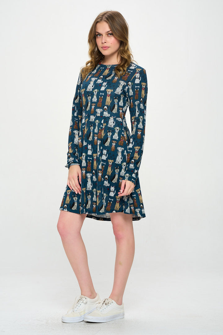 Multi Dog Print Tunic Style Long Sleeve Dress