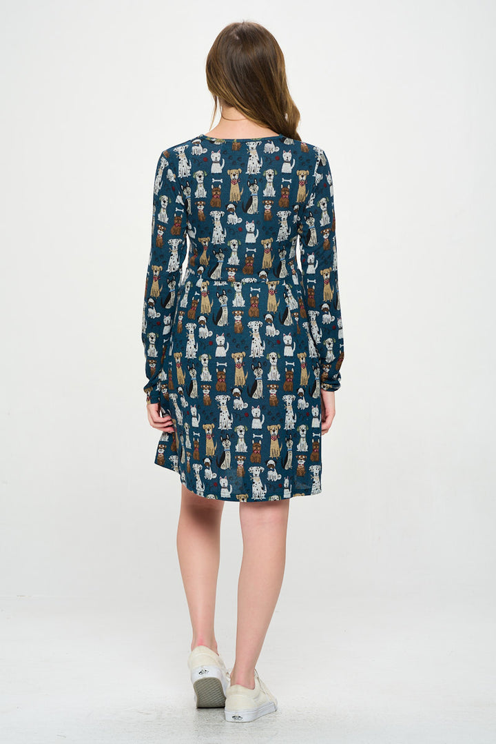 Multi Dog Print Tunic Style Long Sleeve Dress