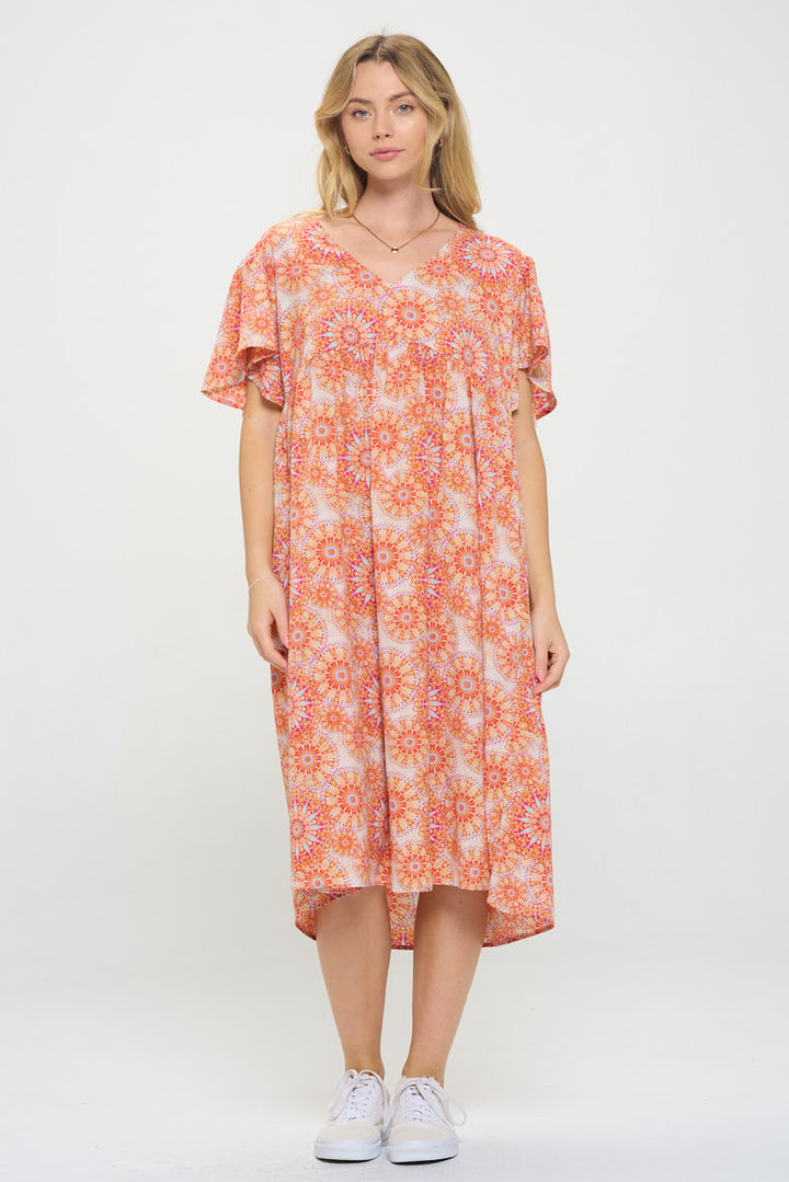 Orange Floral Print Midi Dress