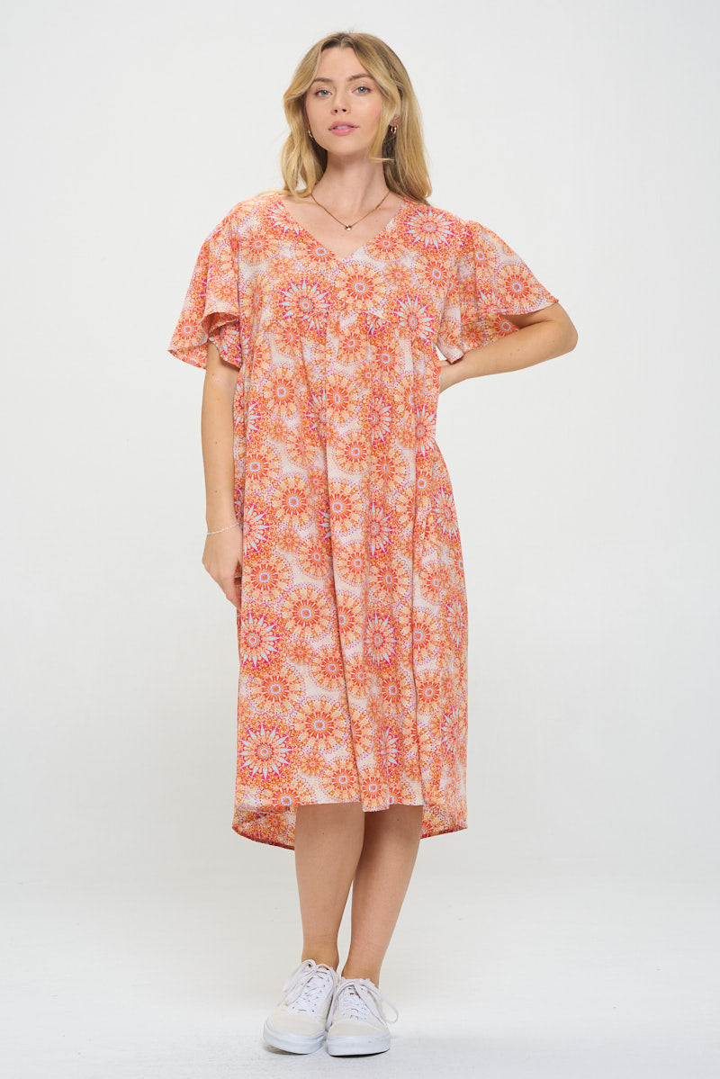 Orange Floral Print Midi Dress