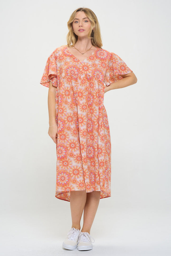 Orange Floral Print Midi Dress