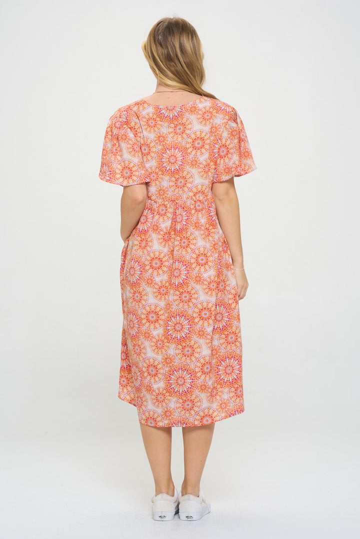 Orange Floral Print Midi Dress