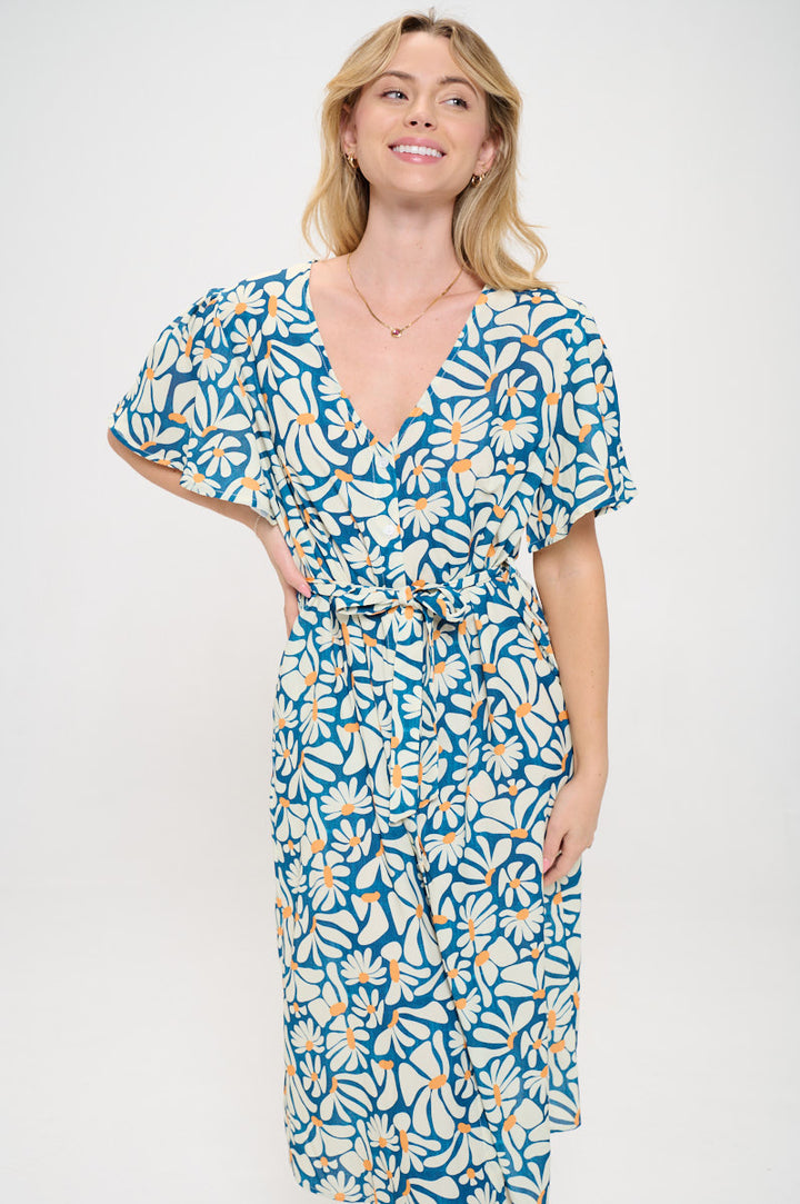 Floral Petals Print Midi Button Up Dress