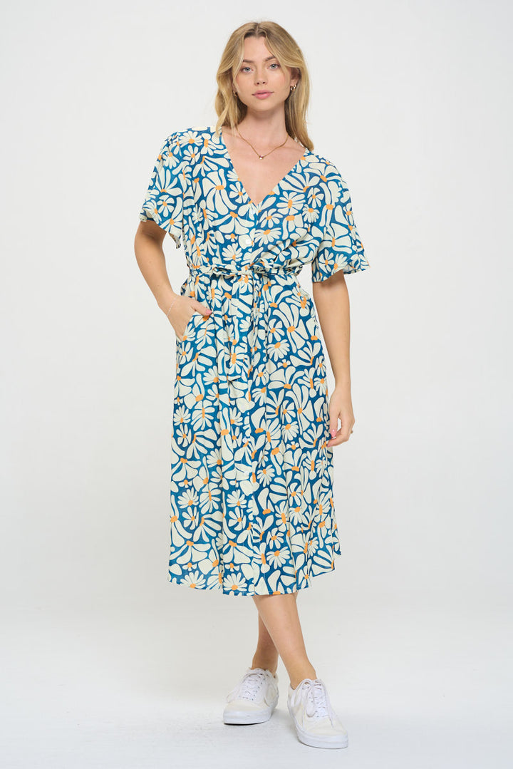 Floral Petals Print Midi Button Up Dress