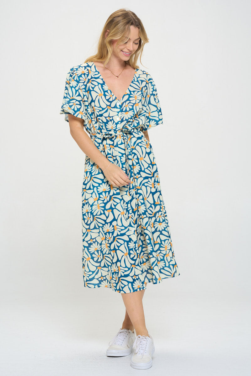 Floral Petals Print Midi Button Up Dress