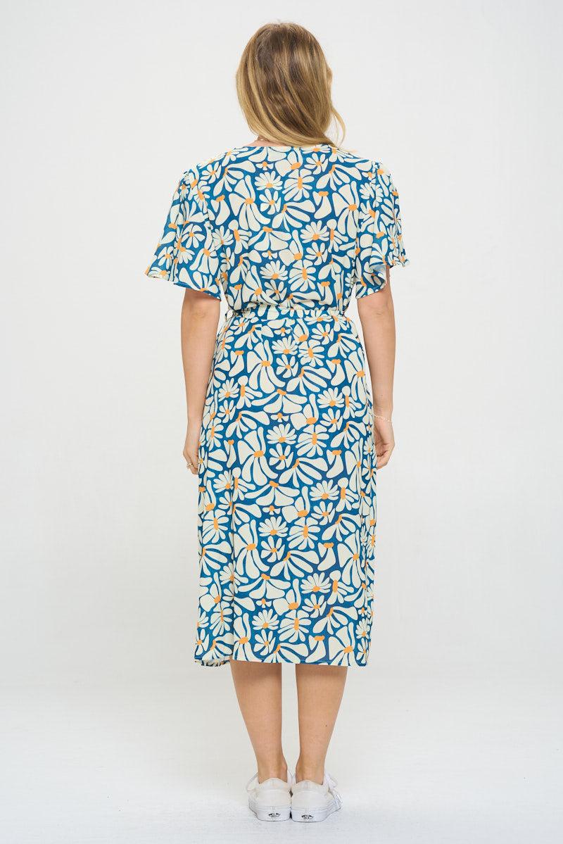 Floral Petals Print Midi Button Up Dress